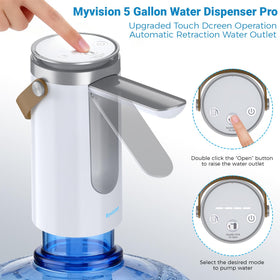 Myvision water dispenser battery powered by USB, ideal for camping.
