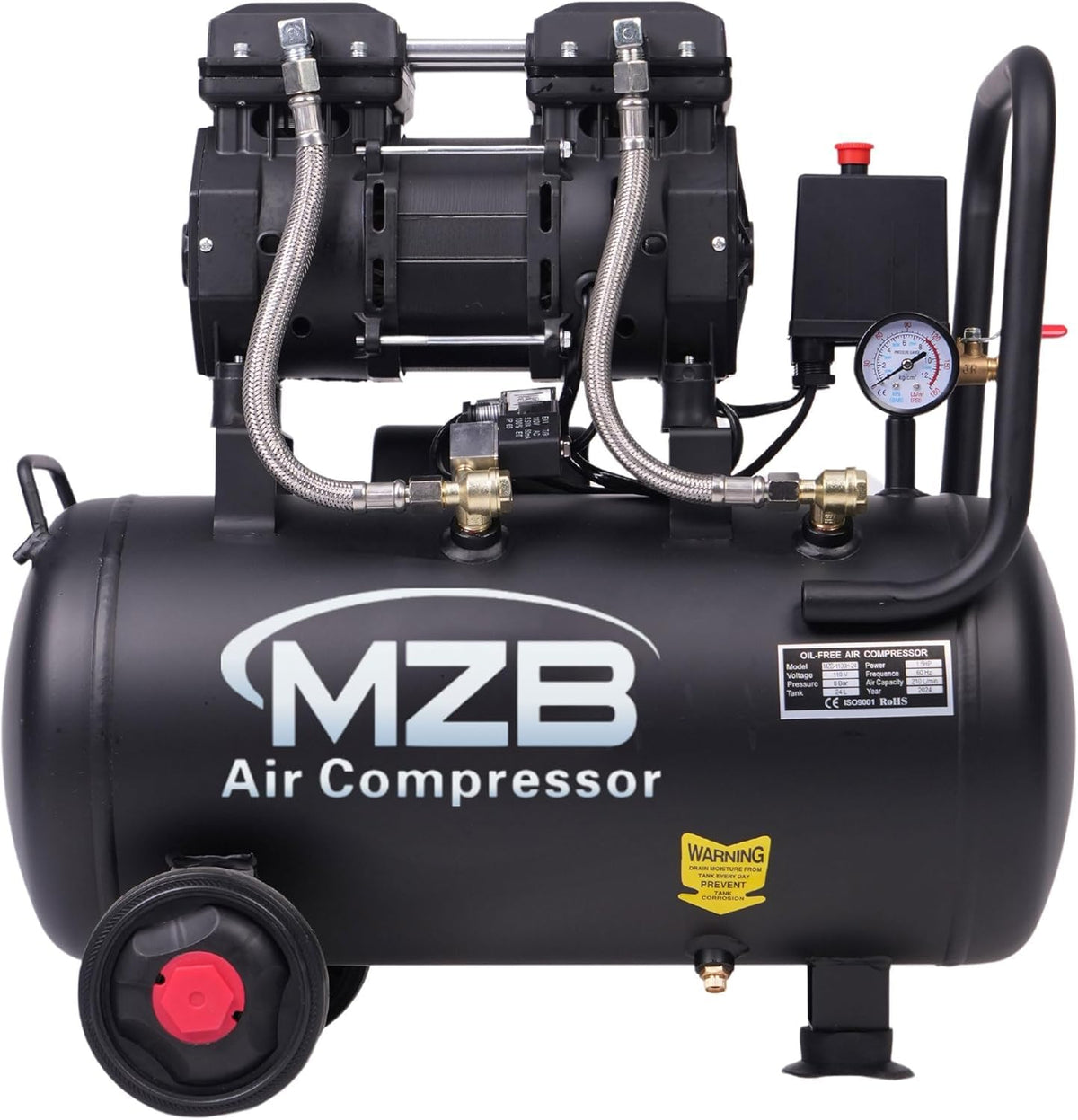 MZB air compressor front view showing compact design for easy transport.