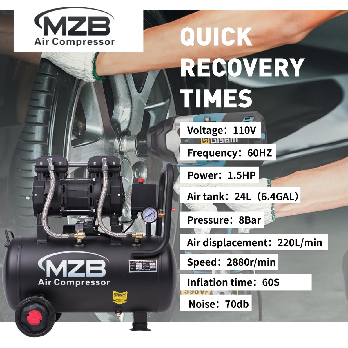MZB air compressor oil-free motor panel ensures clean performance.