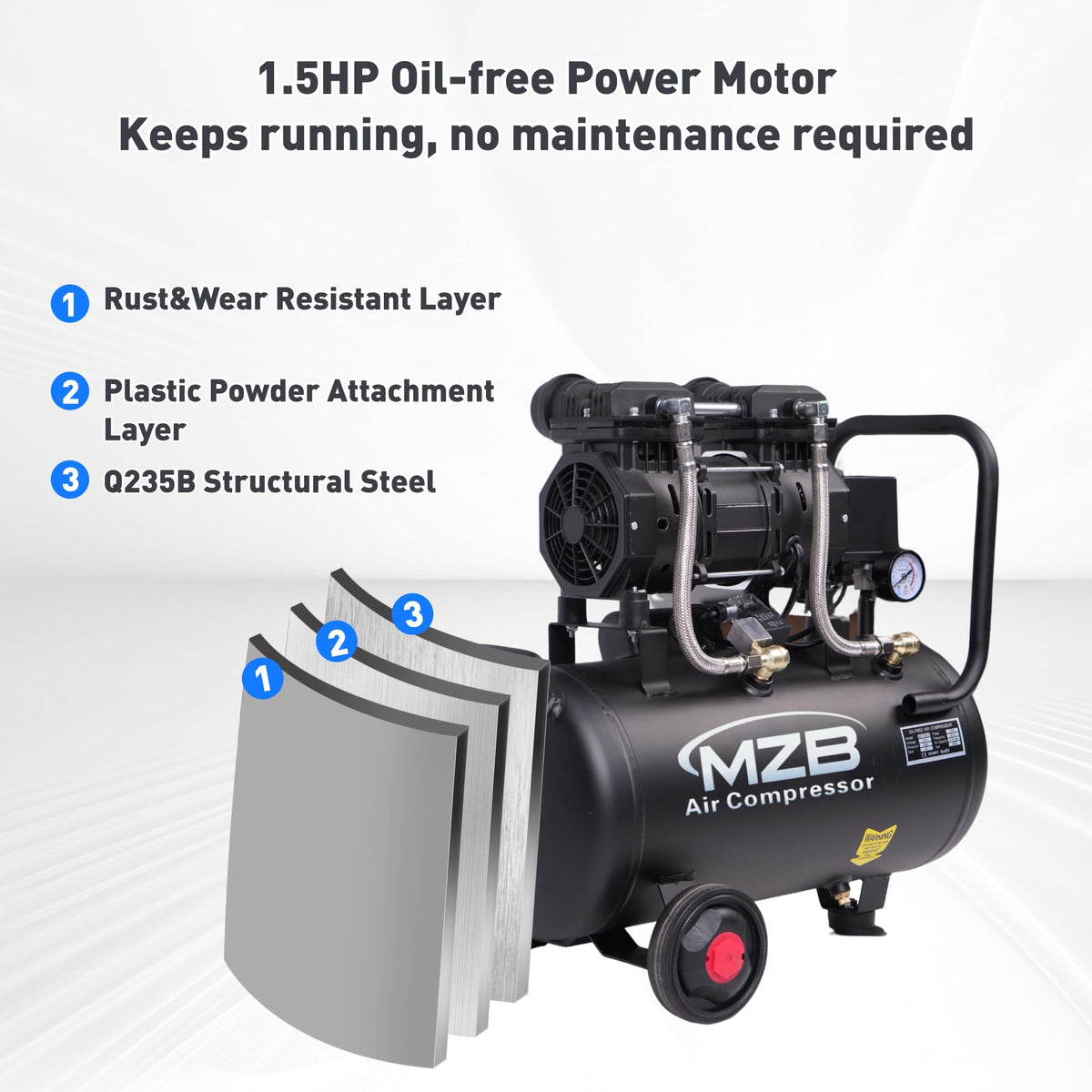 MZB air compressor steel tank emphasizes durability and long life.