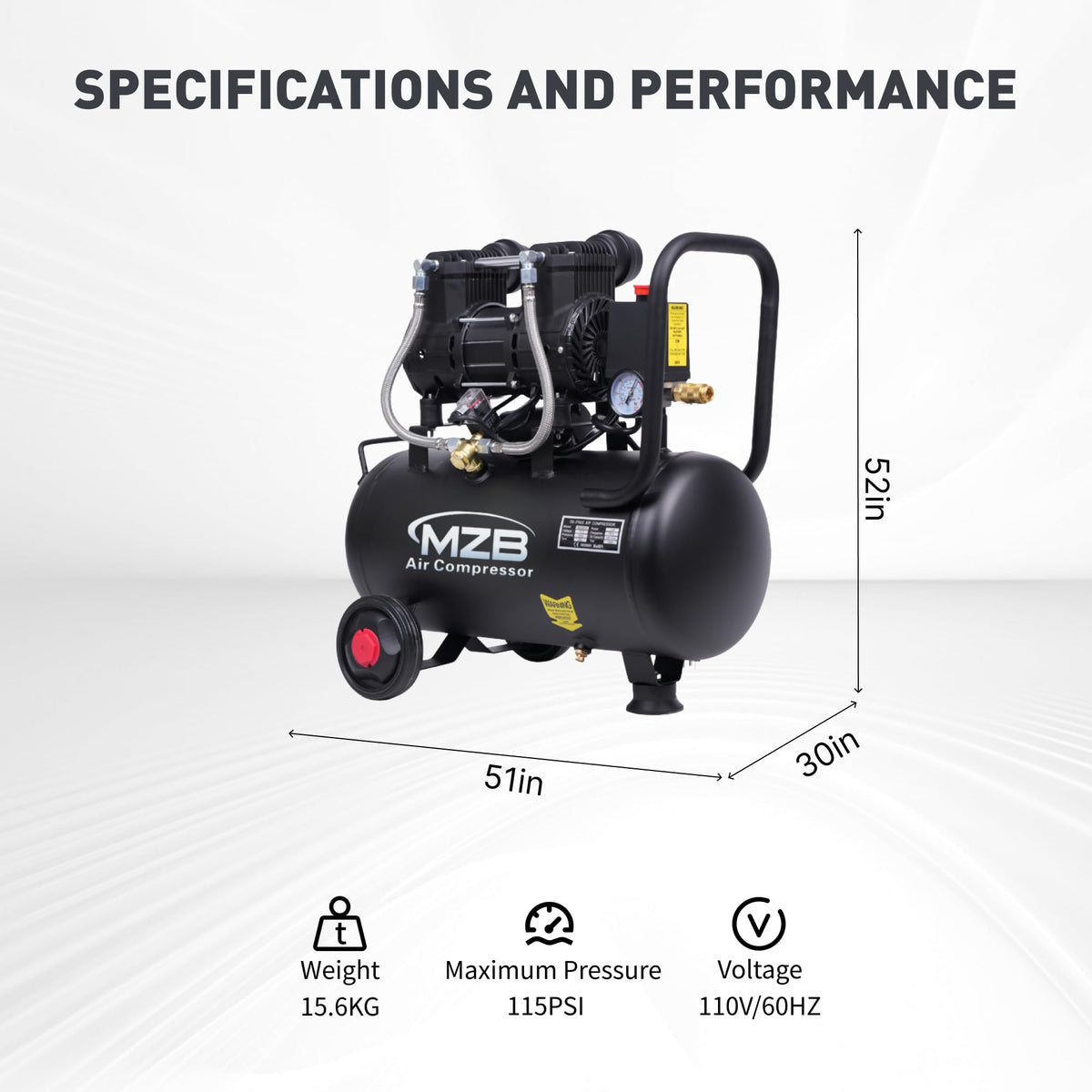 MZB Air Compressor wheels enable easy relocation around a shop.