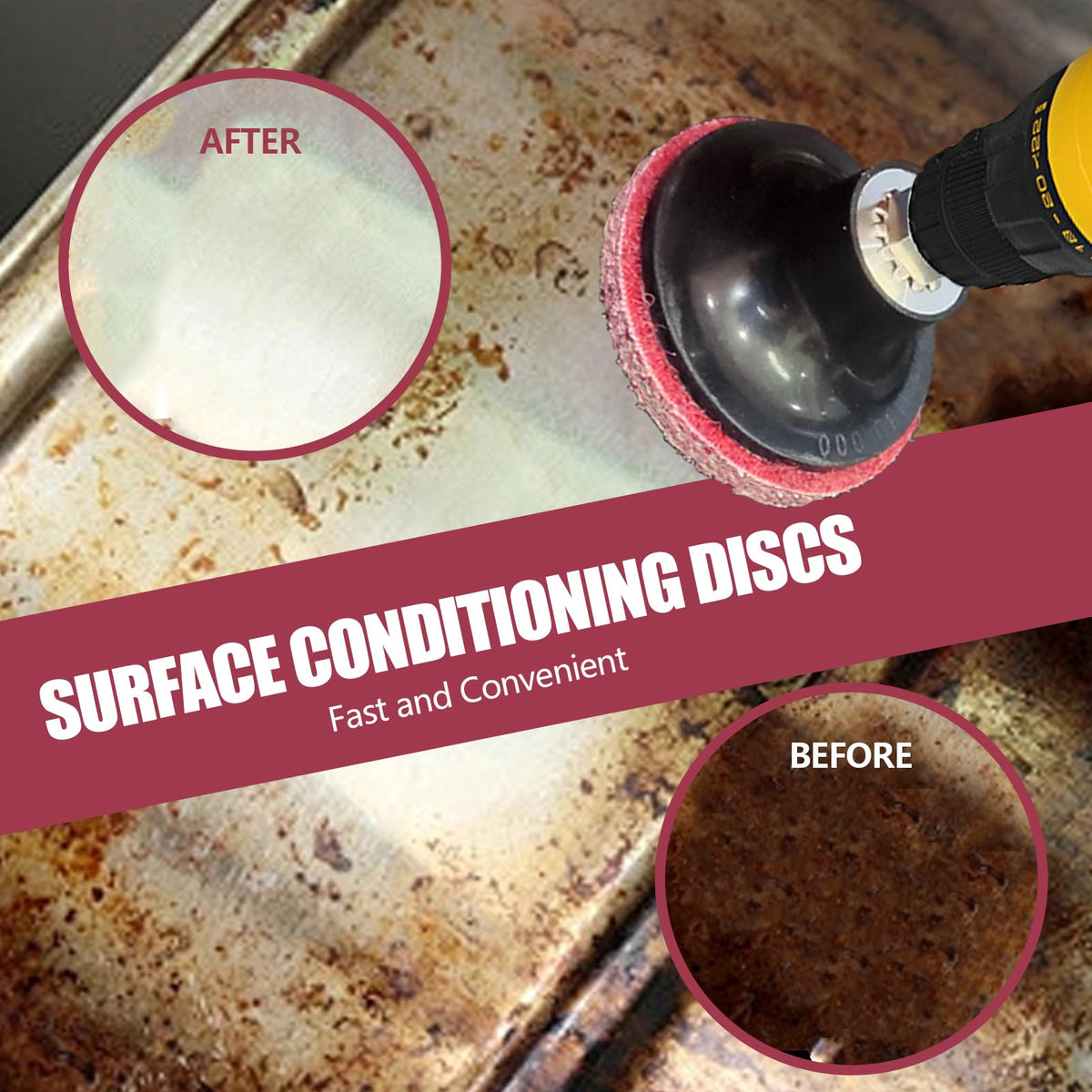 MZCR-NNML discs performing surface stripping and polishing on metal.