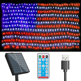 MZD8391 solar US flag lights mounted on wall for outdoor decor