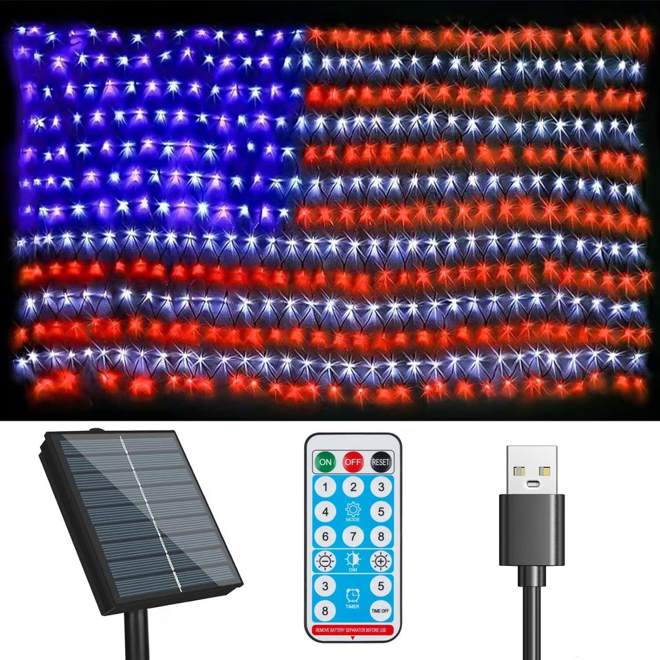 MZD8391 solar US flag lights mounted on wall for outdoor decor