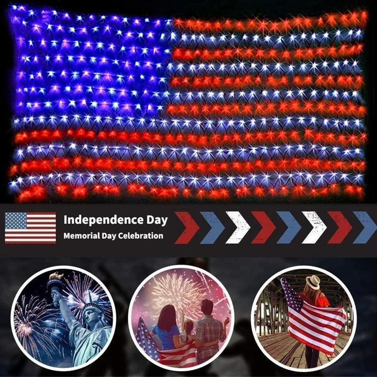 MZD8391 US flag lights lit at night with bright 420 LEDs
