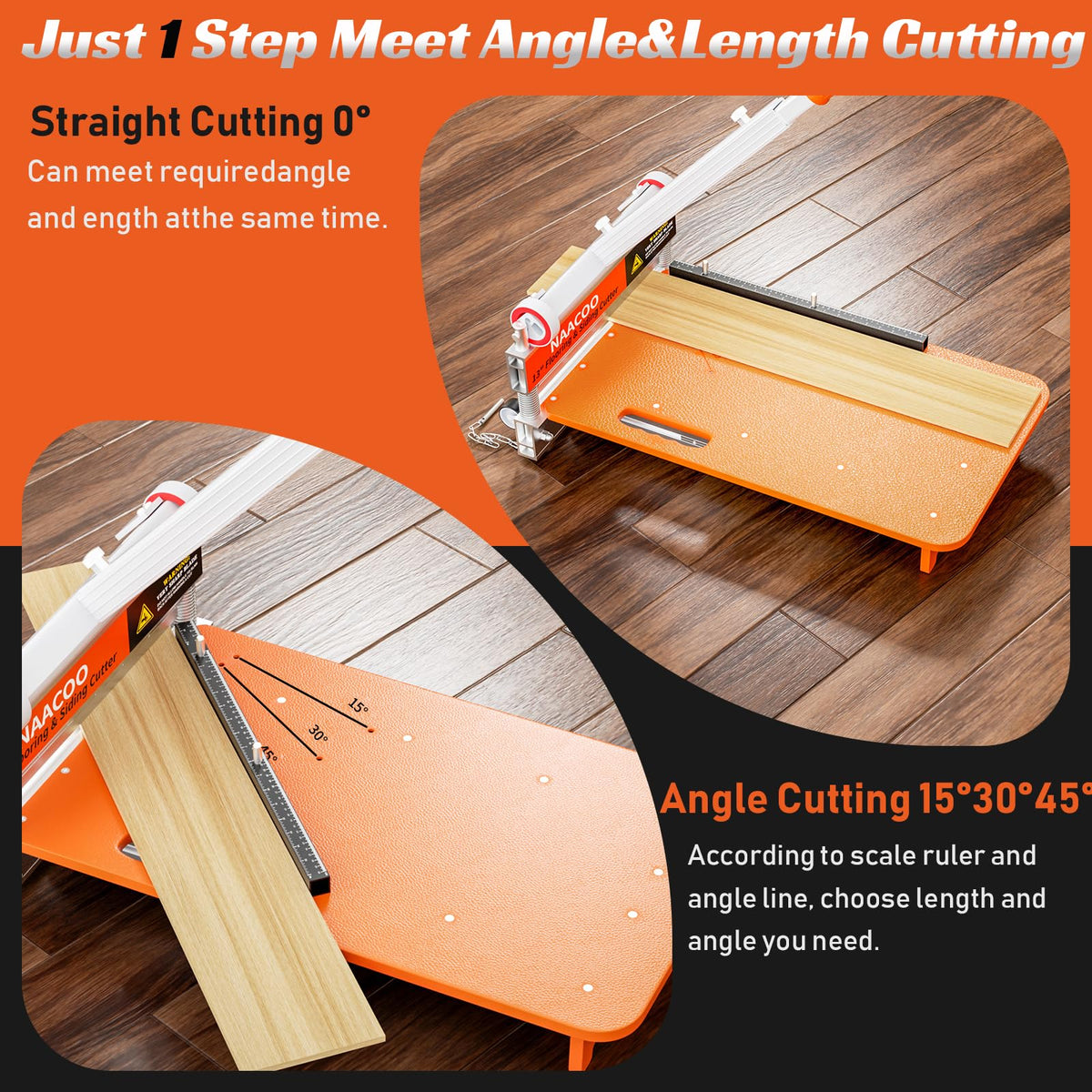 NAACOO floor cutter shows 45-degree bevel angle alignment