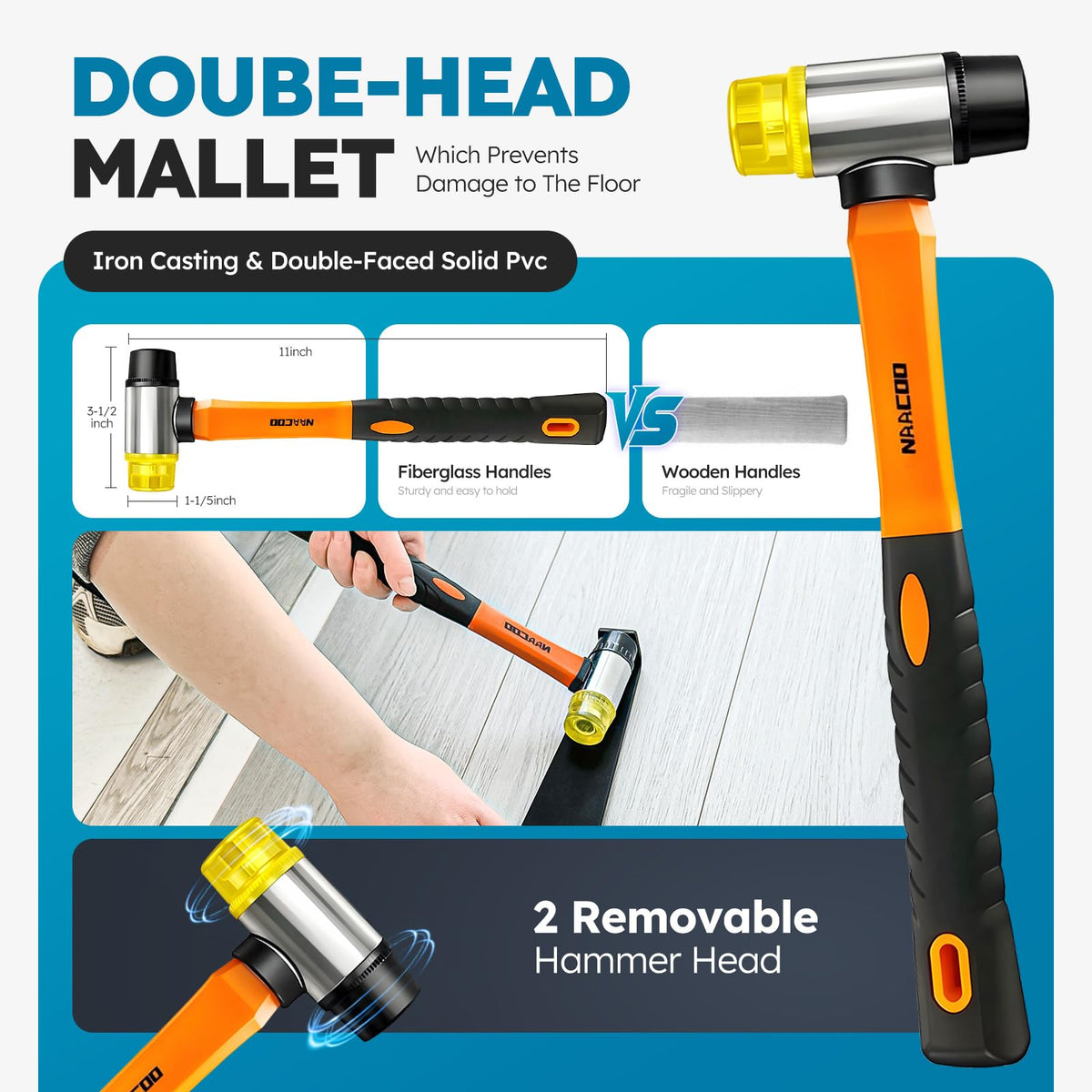 NAACOO rubber mallet for flooring prevents damage during tapping.
