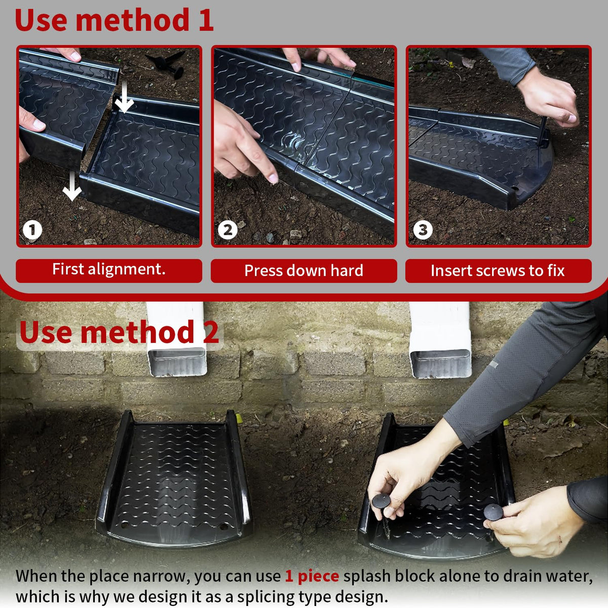 NAACOO splash block demonstrates quick install with predrilled holes for easy setup