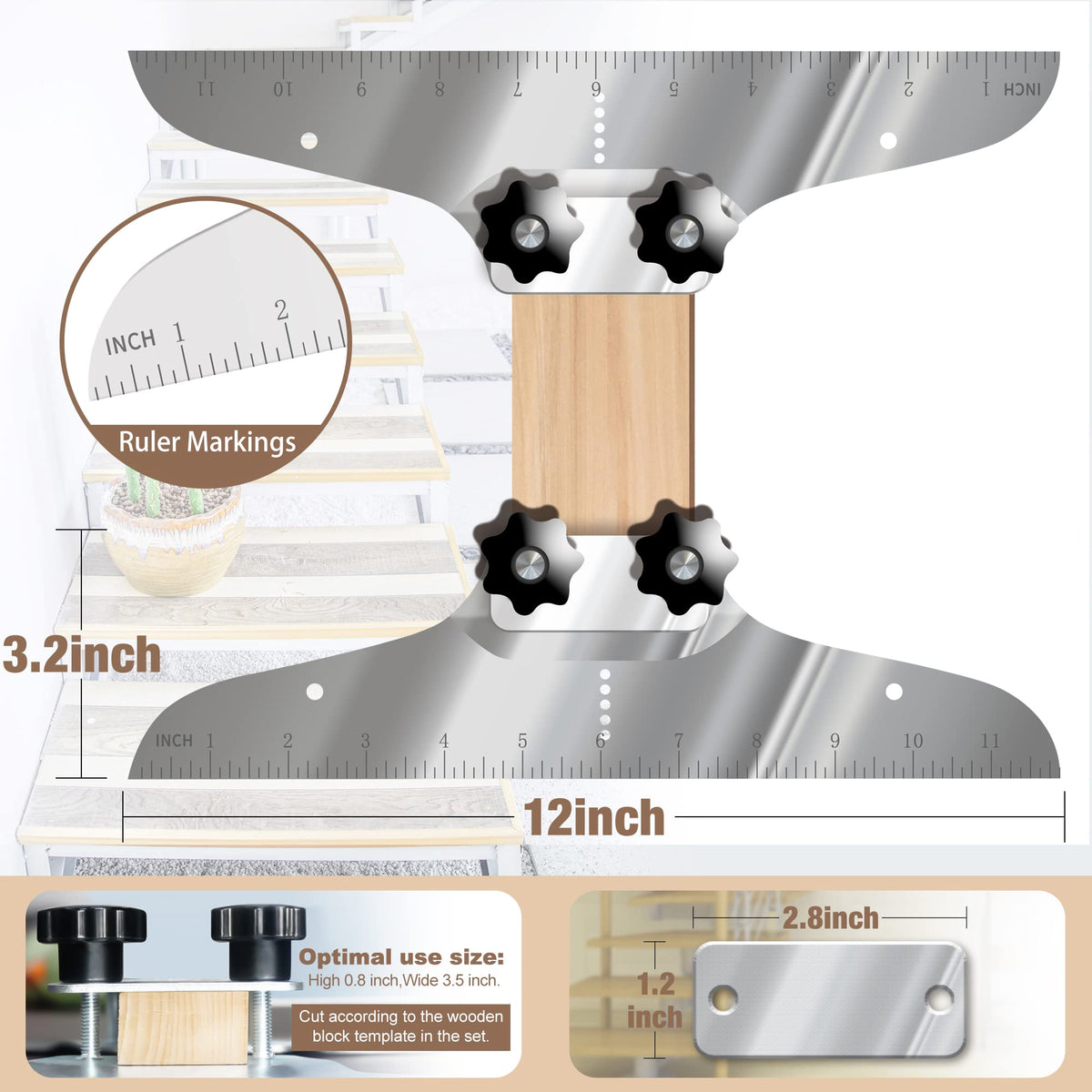 NAACOO stair tread template tool includes tape measure for quick measurements