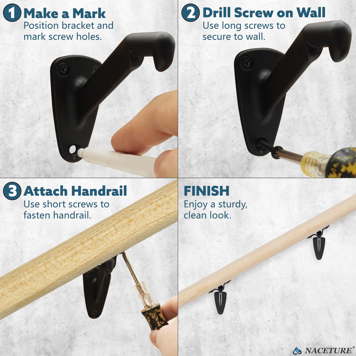 NACETURE adjustable stair banister brackets fit straight or curved stairs.