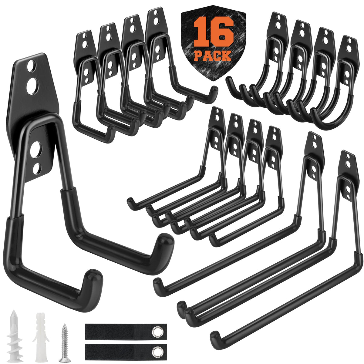 Nacial 16-pack garage hooks mounted on wall for organized bikes and tools