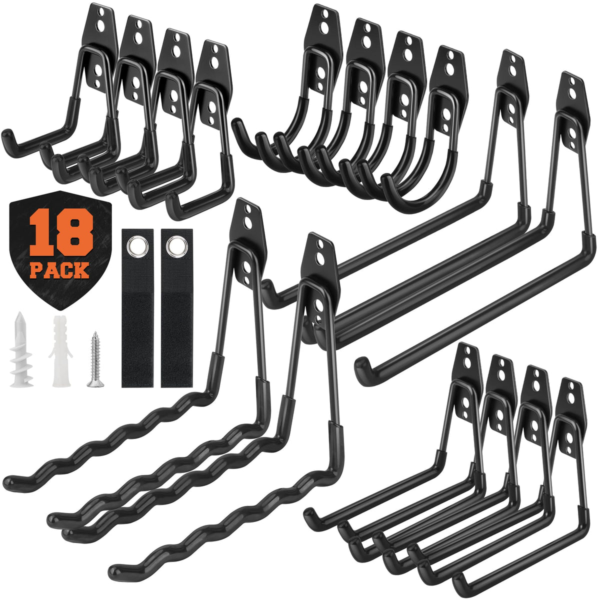 Nacial 18-piece garage hook set ready for organized storage and easy mounting.