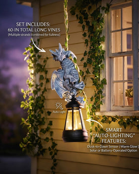 Nacome Dragon statue on porch at twilight demonstrates weatherproof garden accent.