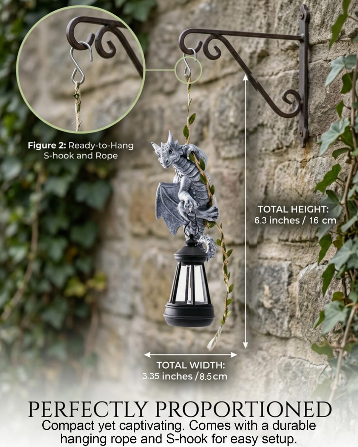 Nacome Dragon statue with solar lantern glows at dusk for warm patio ambiance.