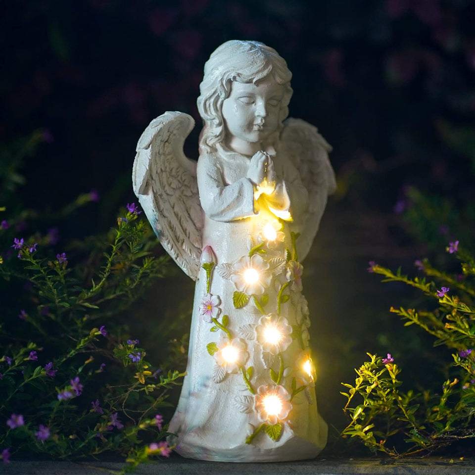 Nacome garden angel statue with succulent and seven LED lights for ambient outdoor glow
