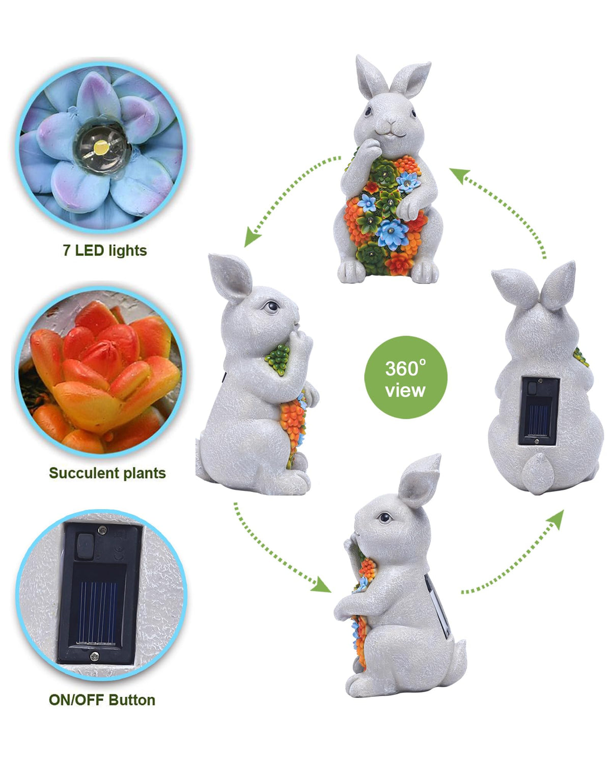 Nacome outdoor bunny figure charges in daylight for automatic dusk illumination.