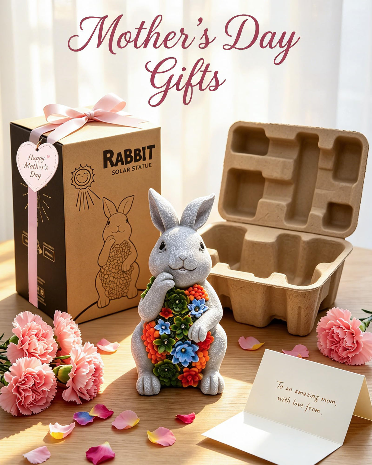 Nacome solar bunny statue with seven LEDs lighting a garden path.
