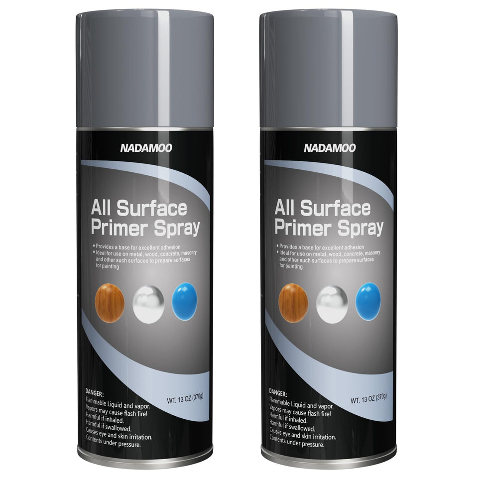 NADAMOO all-surface primer spray can in matte gray for versatile adhesion.