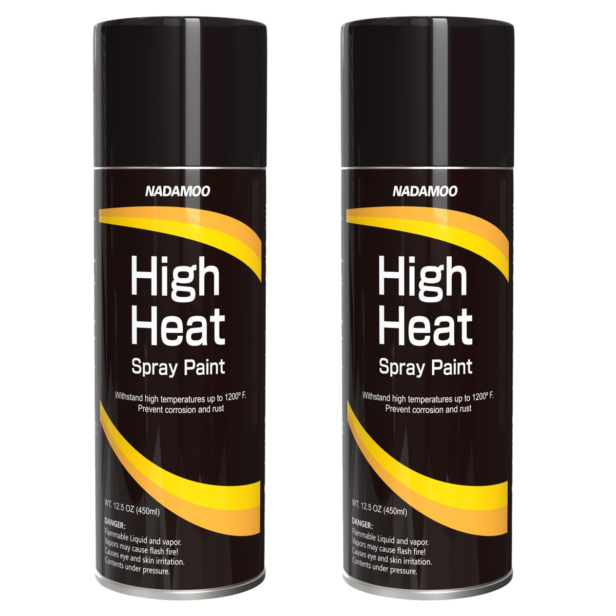 NADAMOO high heat spray paint bottle close-up with matte black finish.