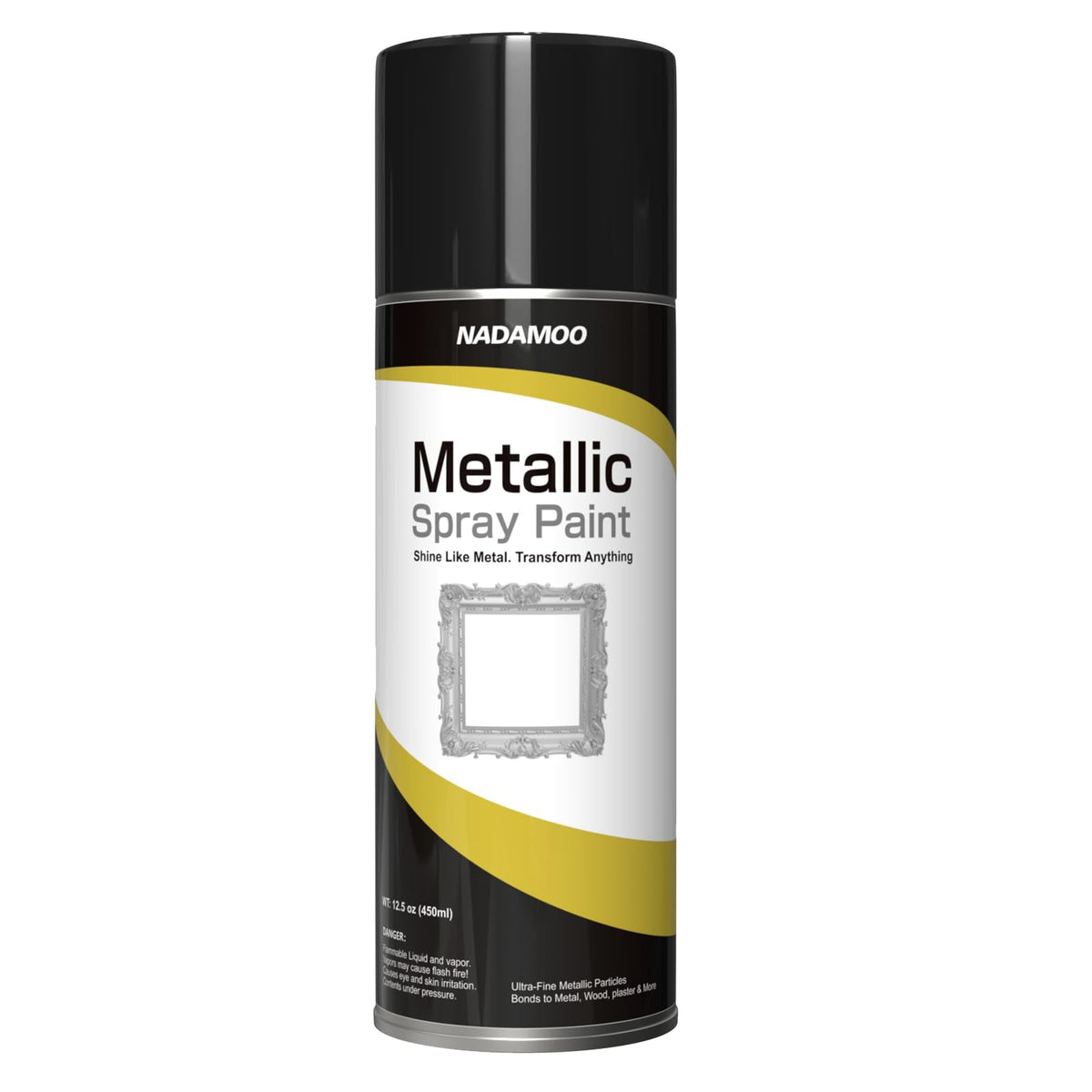 NADAMOO metallic spray paint silver can close-up for premium DIY finishes.