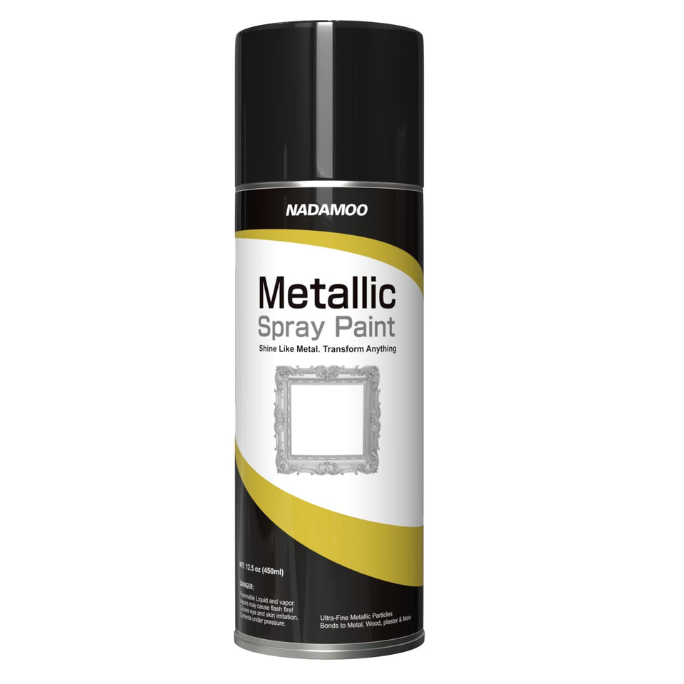 NADAMOO metallic spray paint silver can close-up for premium DIY finishes.