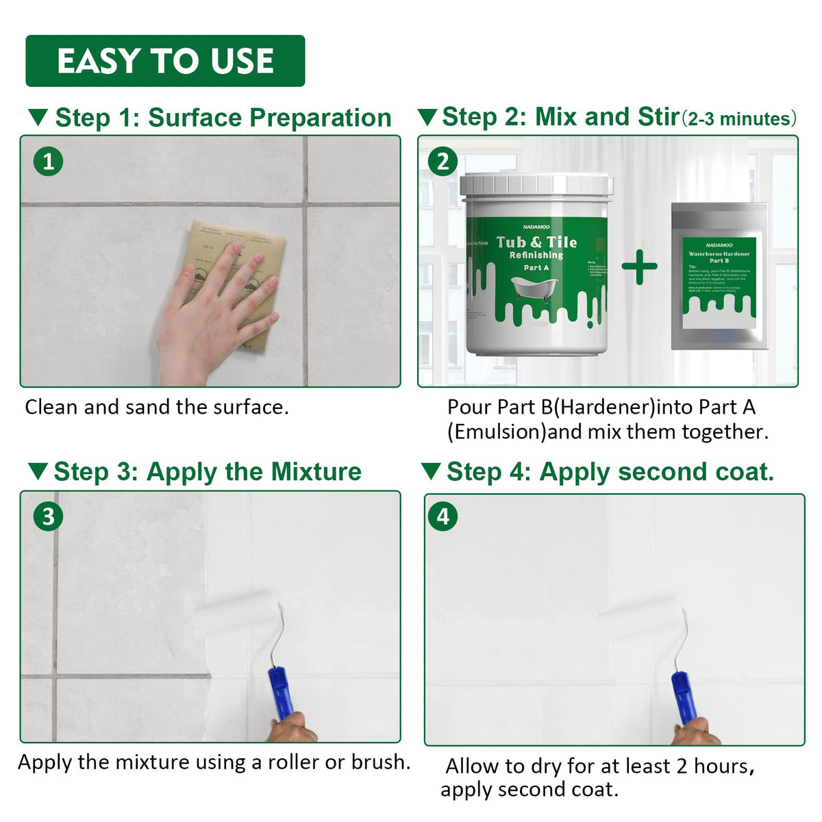 NADAMOO Porcelain Fiberglass Refinish Surface works on tubs and tiles.