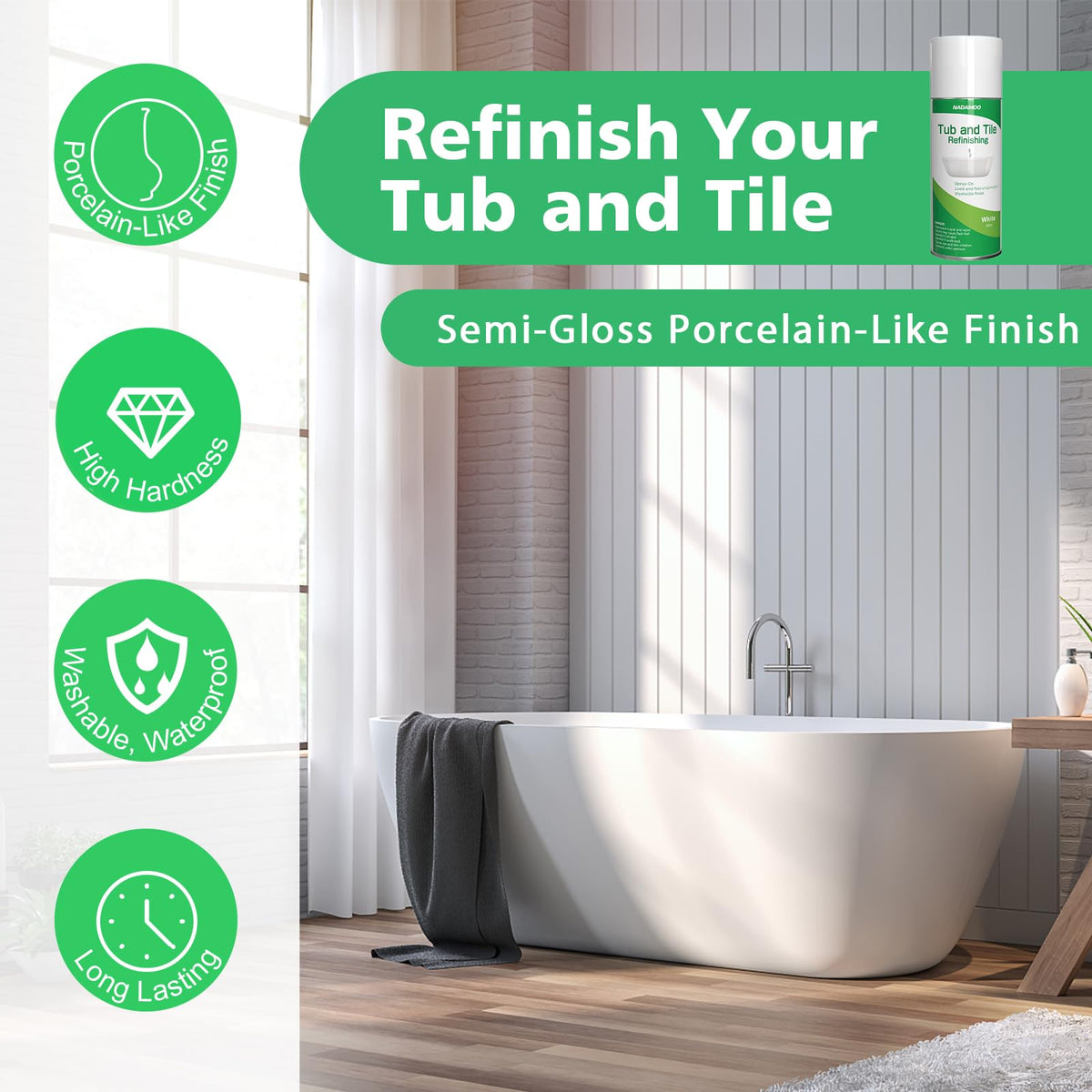 NADAMOO porcelain surface refinishing spray revives tiles and tubs with resilient coating.