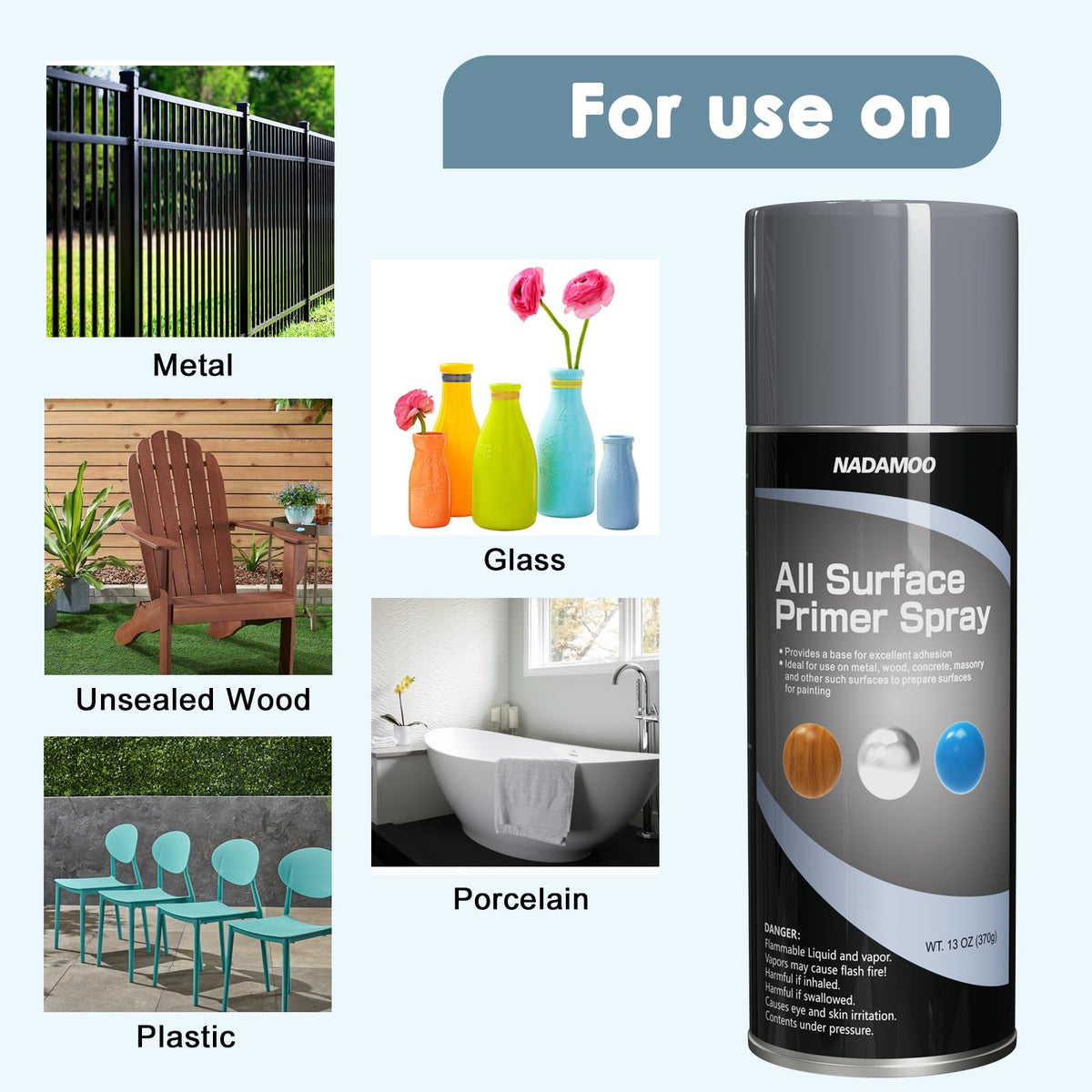 NADAMOO primer on wood and plastic provides strong coverage.