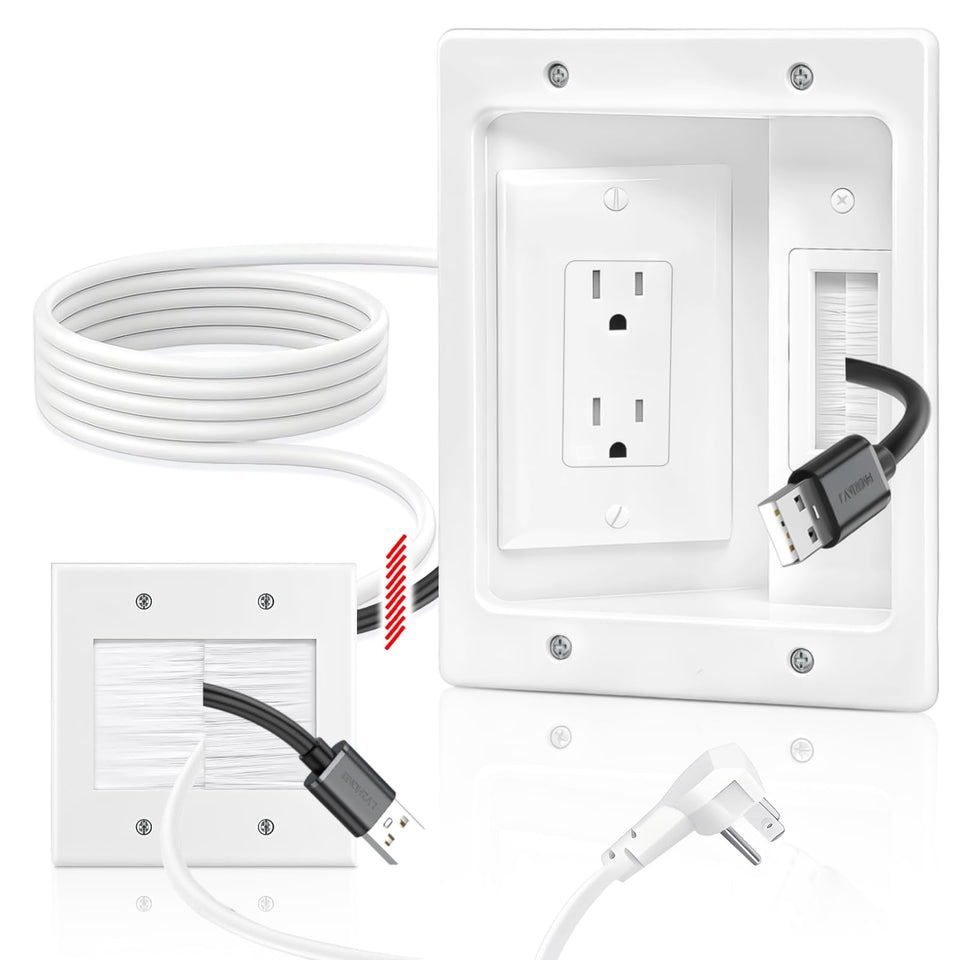 Naerza in-wall outlet box with two-hole socket conceals TV cables cleanly.