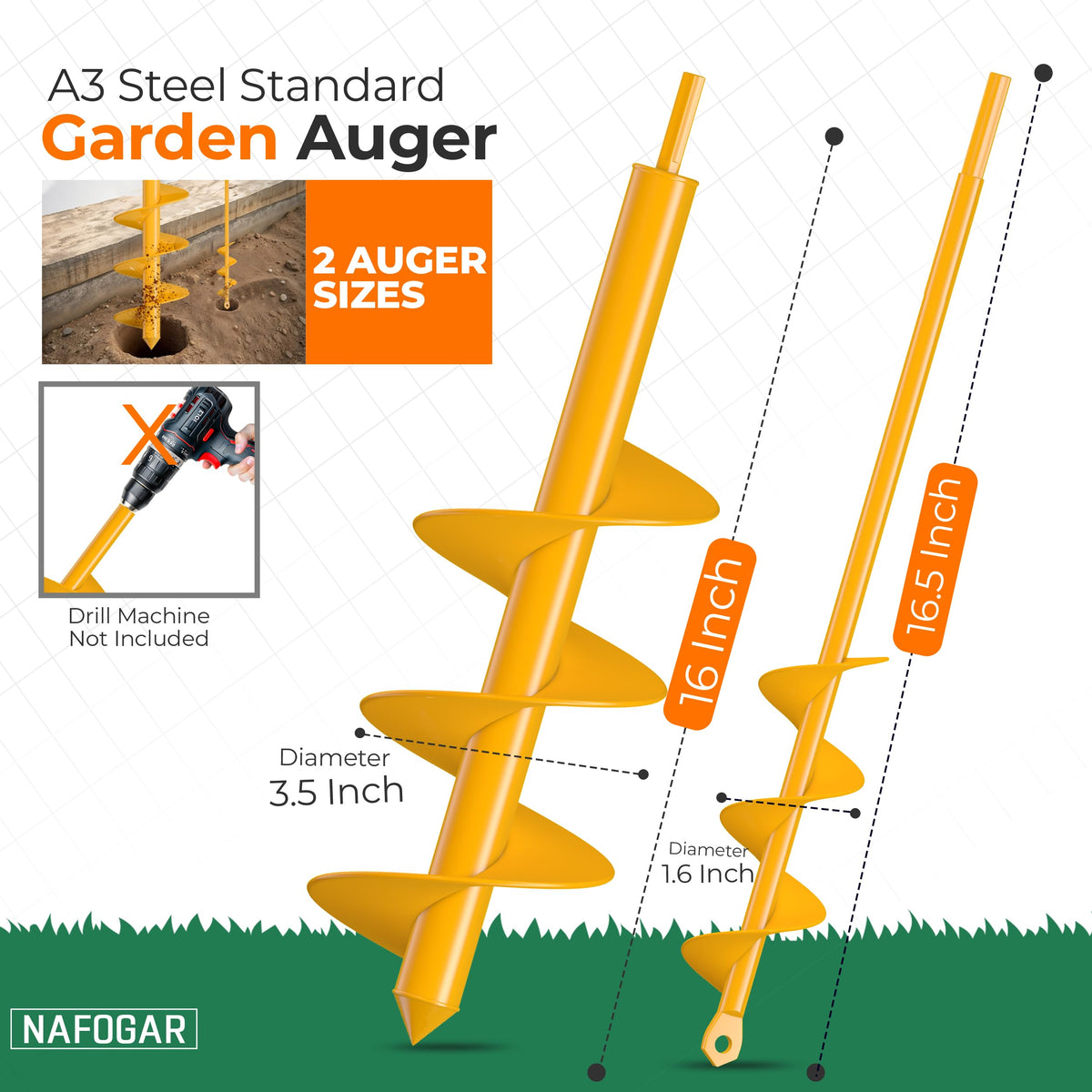 NAFOGAR garden auger 3.5x16 inch bit creates deeper planting holes