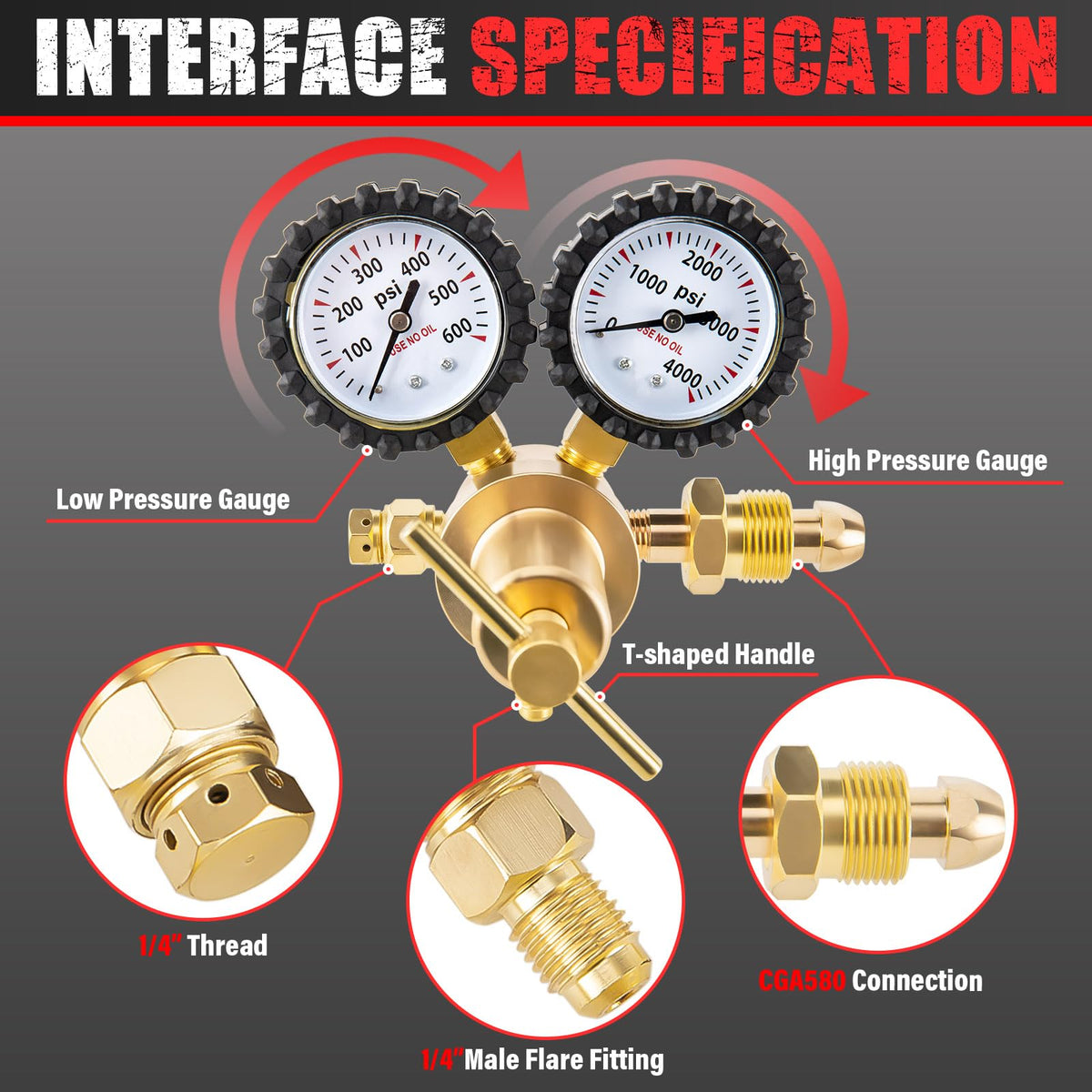 NAKAO nitrogen regulator 1/4-inch flare outlet for easy installation.