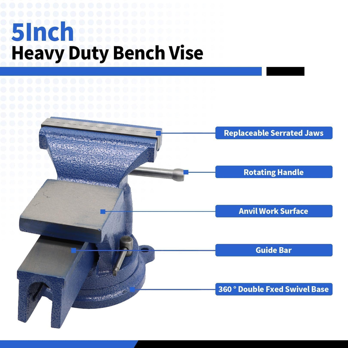 Nakkaa bench vise with 360° swivel base enables flexible clamping angles.