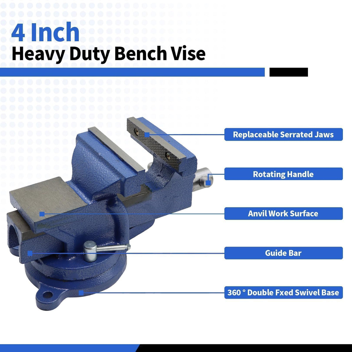 Nakkaa bench vise jaw closeup highlights replaceable microgroove jaws for slip-free clamping.