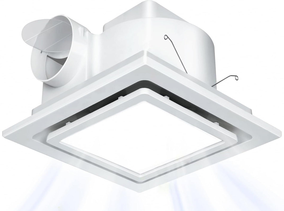 Nalle bathroom exhaust fan with LED light provides 112 CFM moisture control.