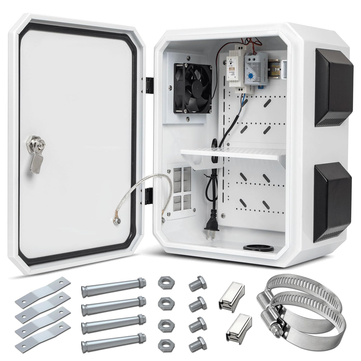 Namunanee outdoor box front view with thermostat and fan for controlled outdoor power