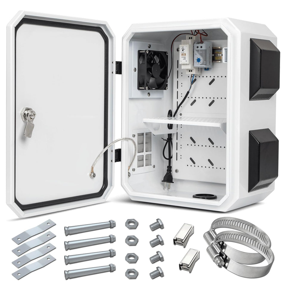 Namunanee outdoor box front view with thermostat and fan for controlled outdoor power