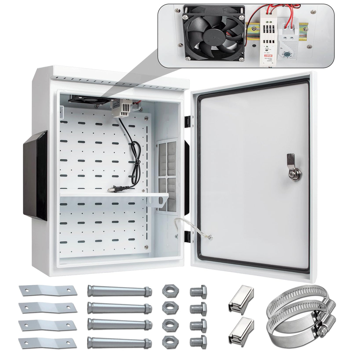 Namunanee outdoor box front view with thermostat and fan for temperature control.