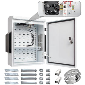 Namunanee outdoor box front view with thermostat and fan for temperature control.