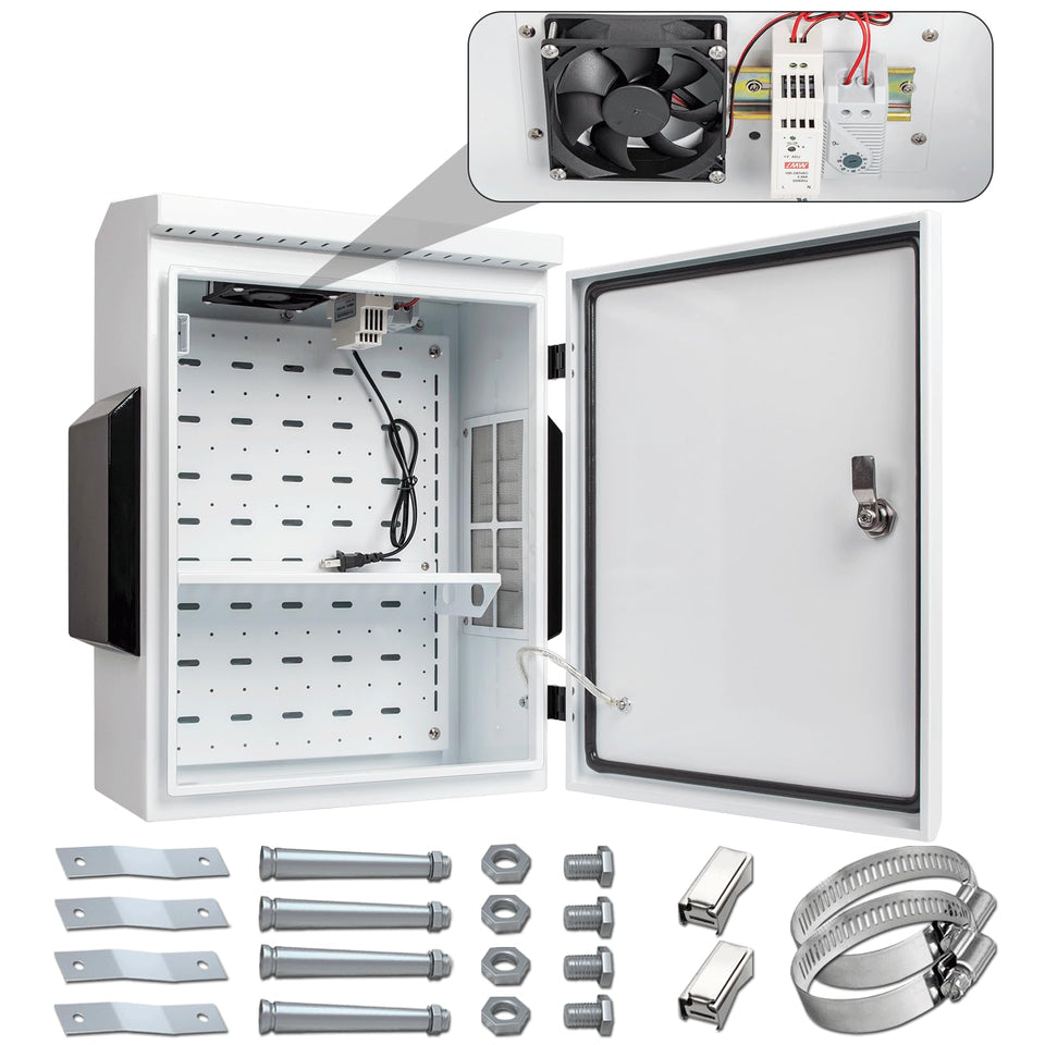 Namunanee outdoor box front view with thermostat and fan for temperature control.