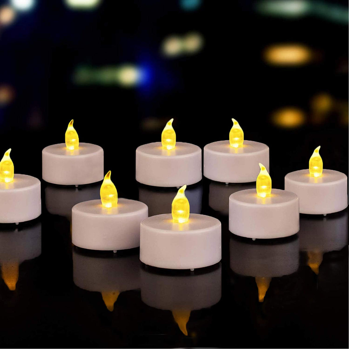 Nancia 150-pack flameless tea lights with warm yellow glow