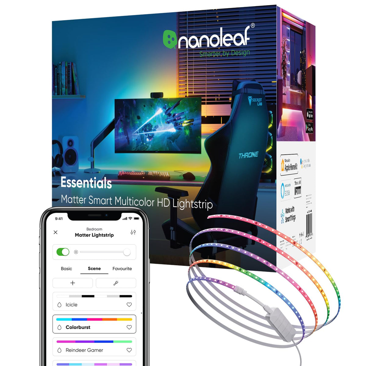 Nanoleaf Essentials lightstrip displays a vibrant multicolor gradient for immersive ambiance.