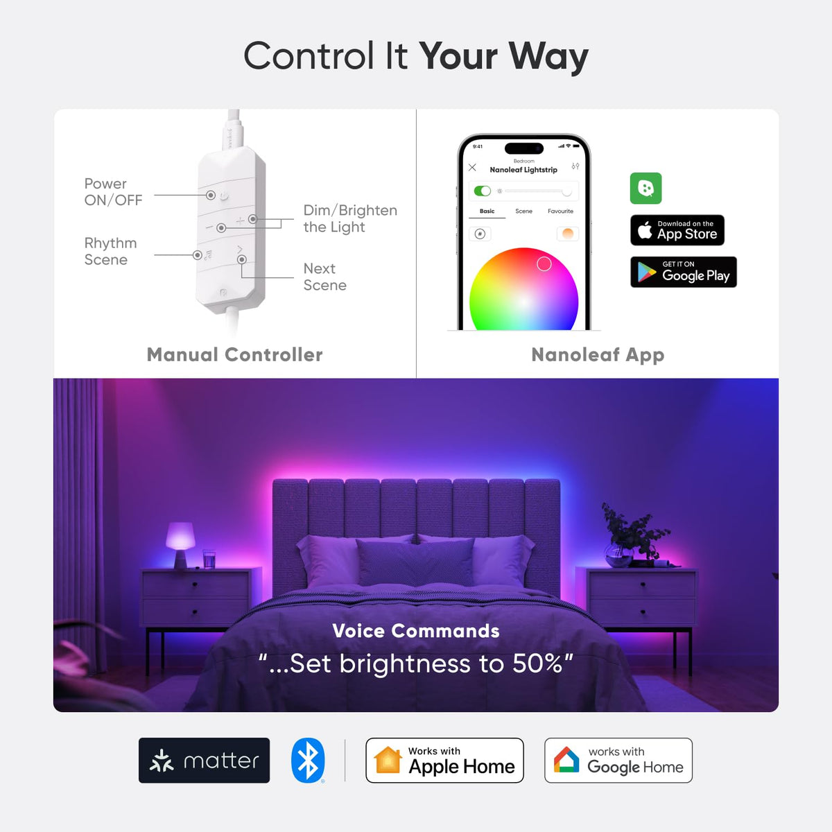Trim-to-fit length lets Nanoleaf Essentials fit any space.