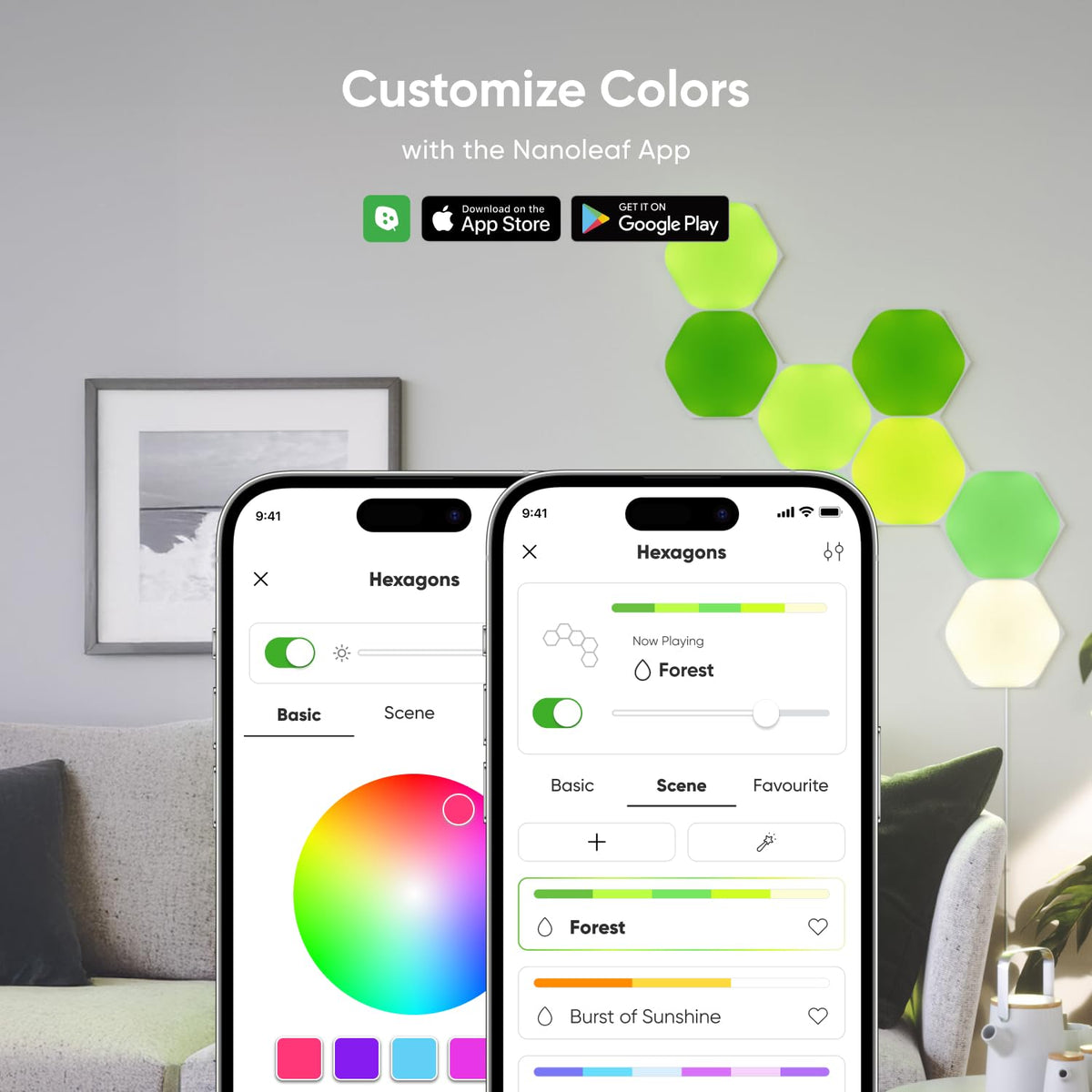 Nanoleaf Shapes Hexagons app control enables quick customization and scheduling for daily routines.