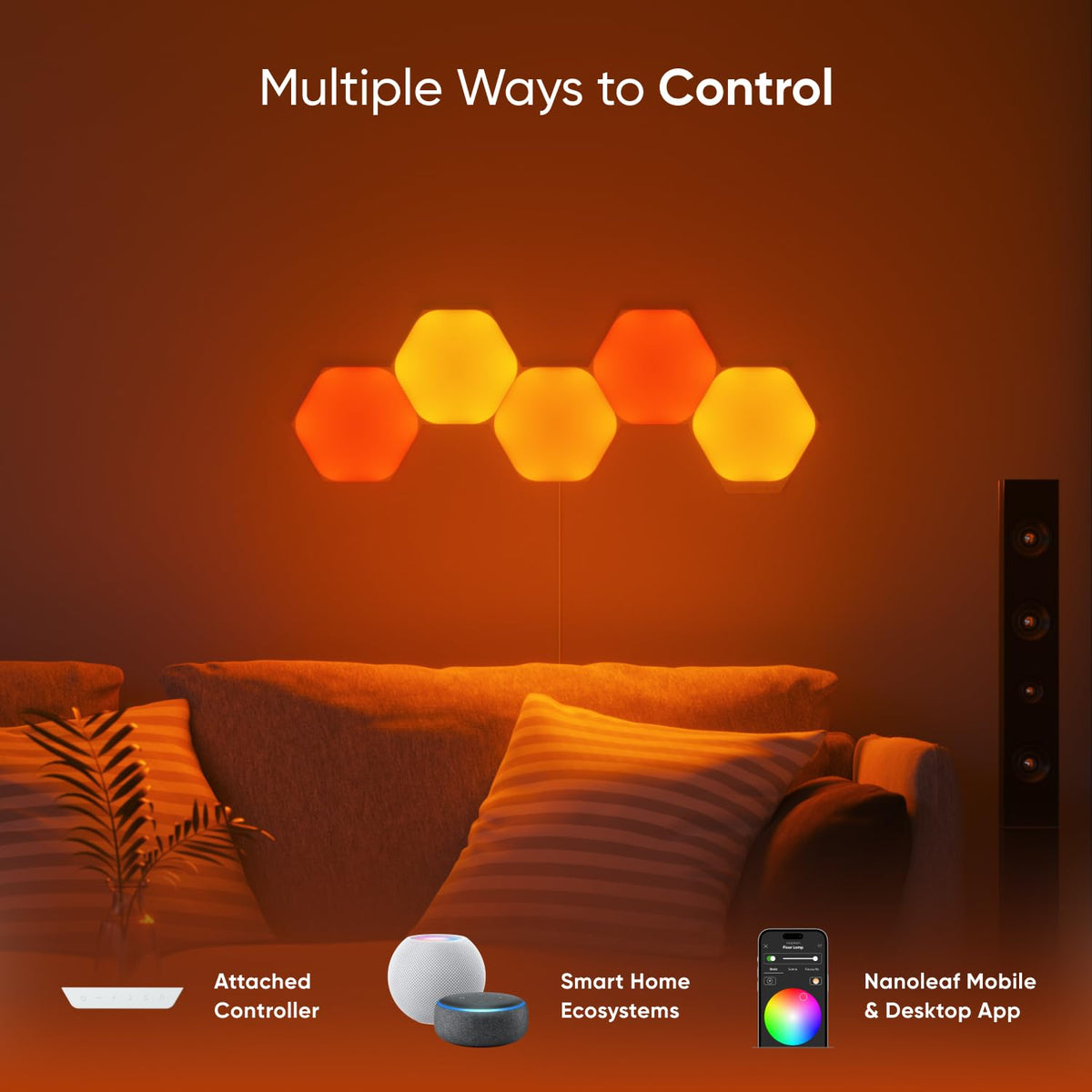 Nanoleaf Shapes Hexagons dynamic rhythm modes sync with music or gaming atmospheres.