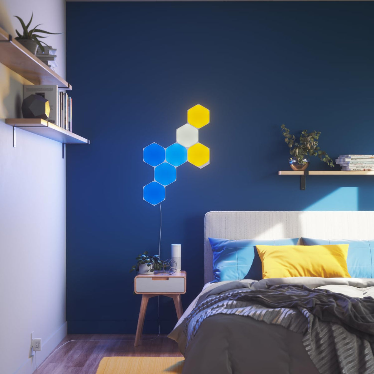 Nanoleaf Shapes Hexagons multicolor LED light enhances mood and scene setting with vibrant gradients.