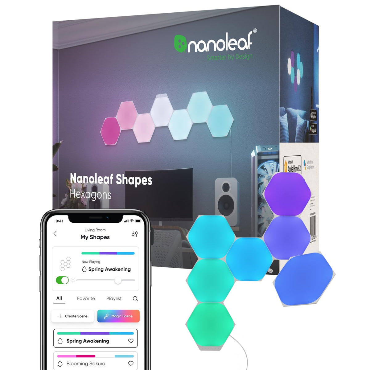 Nanoleaf Shapes Hexagons smart kit seven panels forming a versatile panel grid for ambient lighting.