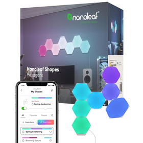 Nanoleaf Shapes Hexagons smart kit seven panels forming a versatile panel grid for ambient lighting.