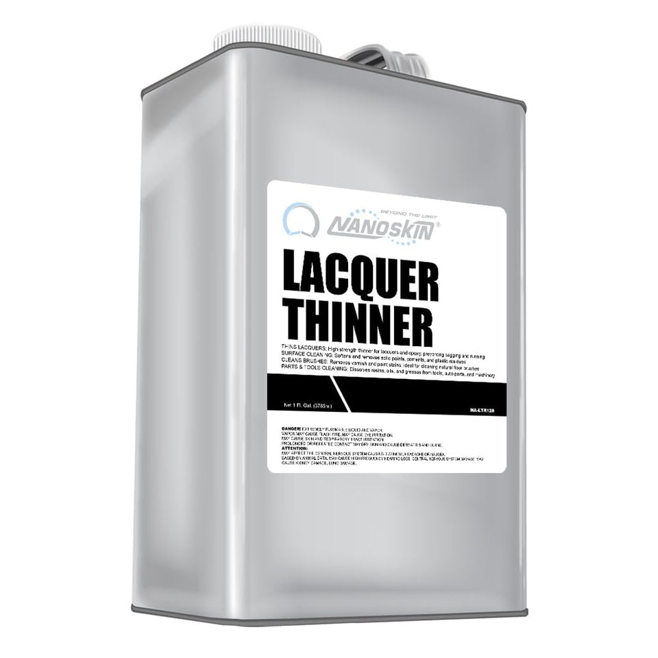 Nanoskin Lacquer Thinner bottle pour demonstrates controlled thinning for smooth coats.