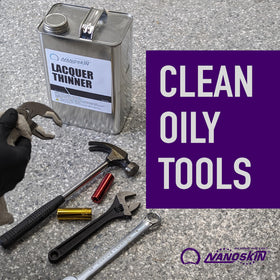 Nanoskin Lacquer Thinner cleans oil-based brushes and painting tools effectively.