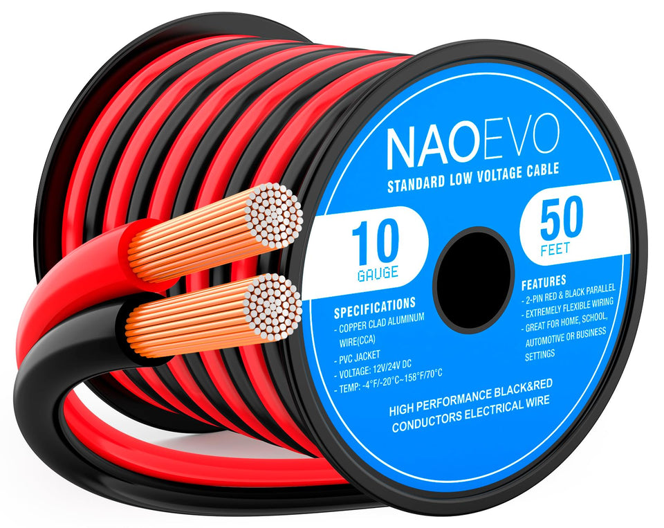 NAOEVO 10AWG wire spool with red and black jackets for easy polarity identification.